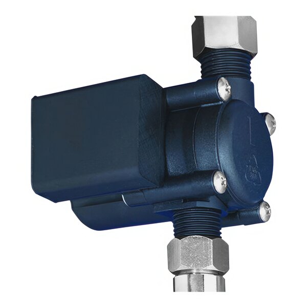 A close-up of a blue T&S ChekPoint sensor with a metal pipe.