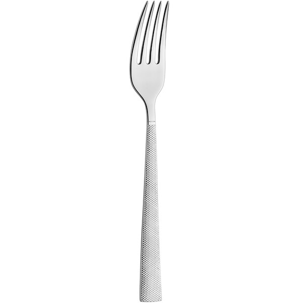 An Amefa stainless steel dessert fork with a white handle.