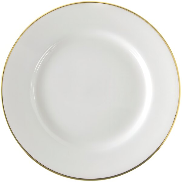 A white 10 Strawberry Street porcelain plate with a gold rim.