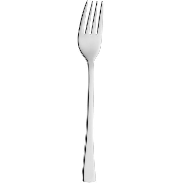 An Amefa stainless steel dessert fork with a white handle.