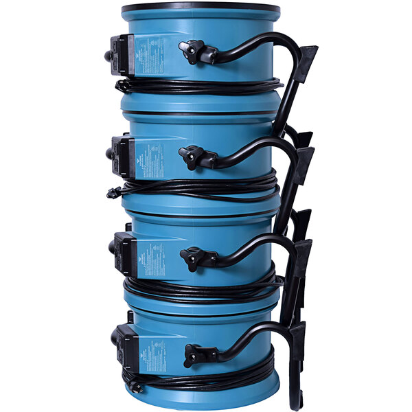 A close-up of a blue cylinder with black wires.