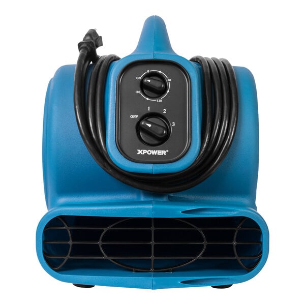 A close up of a blue XPOWER air blower with a black cord.
