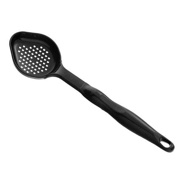A black plastic Vollrath Spoodle with a long handle and perforated oval bowl.