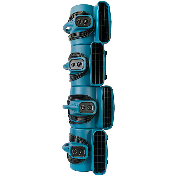 A blue XPOWER air mover with black wires and a blue tube.