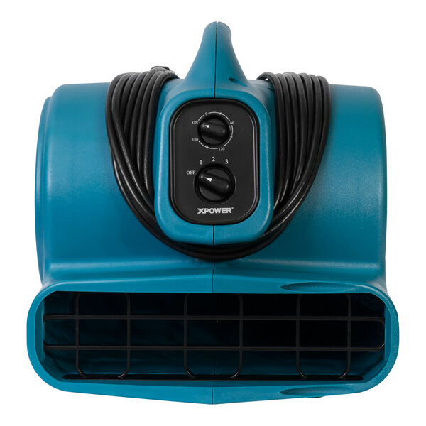 A blue XPOWER air blower machine with black wires.