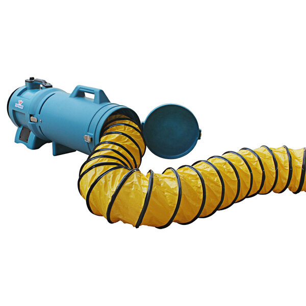 A blue XPOWER ventilation duct hose with a yellow carrier.