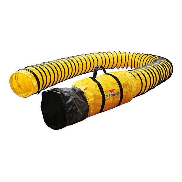 A yellow tube with black straps: XPOWER 8" Extra Flexible PVC ventilation duct hose with black straps.