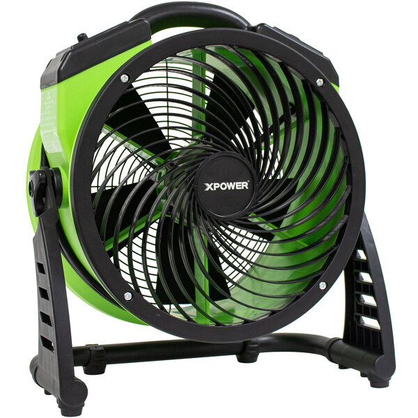 An XPOWER 13" green and black DC powered air circulator fan.