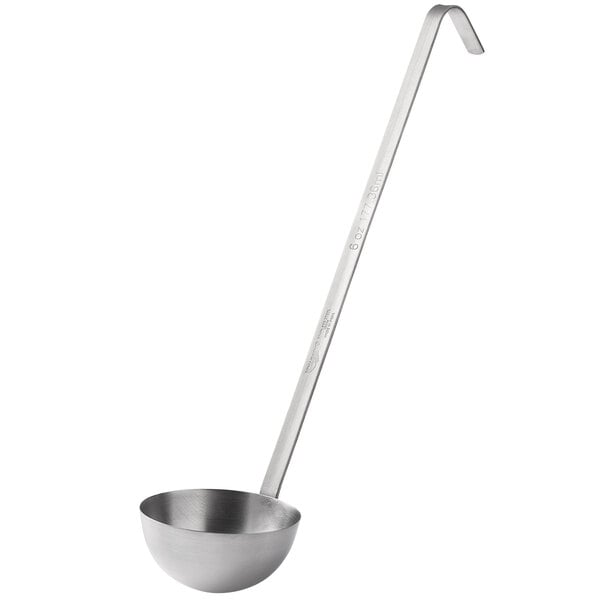 A Vollrath stainless steel ladle with a long handle and a bowl.