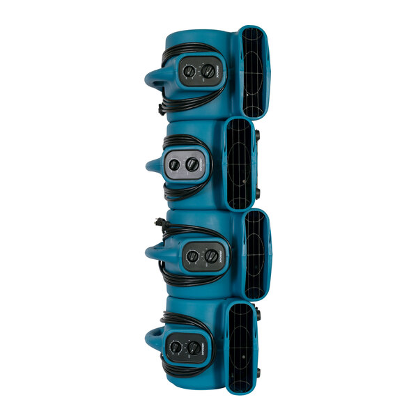 A close-up of a blue XPOWER air mover with black wires.