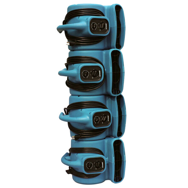 A stack of blue XPOWER P-450NT air movers with black cords.