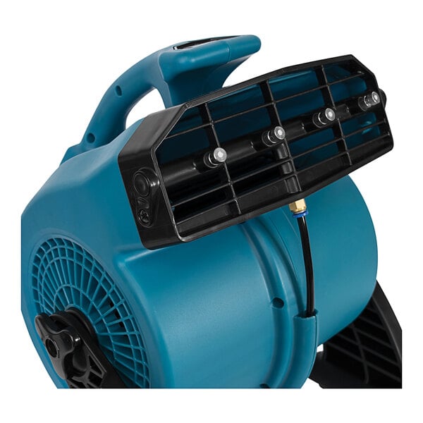 An XPOWER blue and black misting fan with black handles.