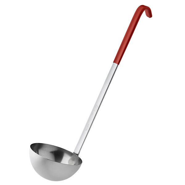 A Vollrath stainless steel ladle with an orange handle.