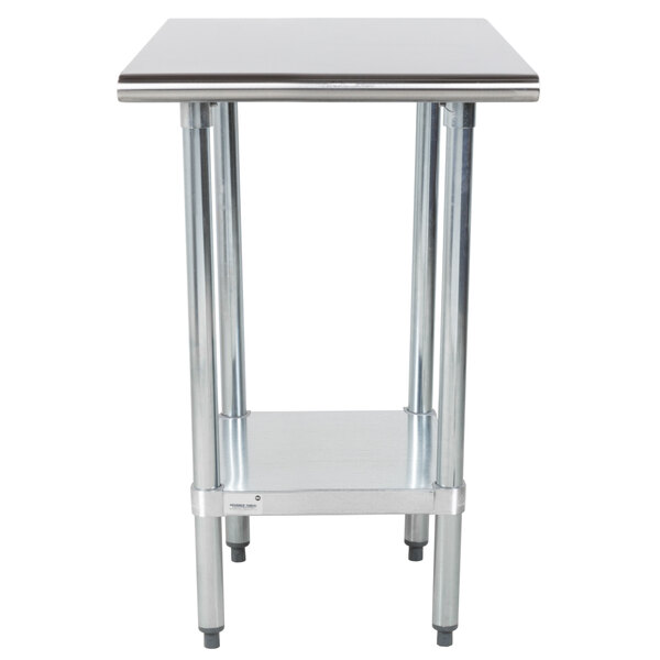 An Advance Tabco stainless steel work table with a galvanized undershelf.