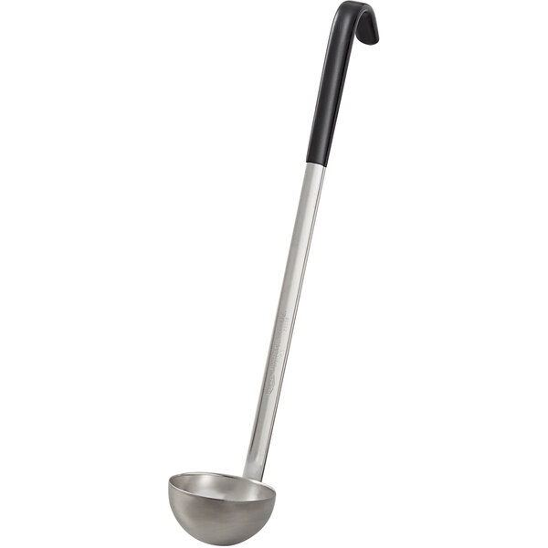 A Vollrath stainless steel ladle with a black Kool-Touch handle.