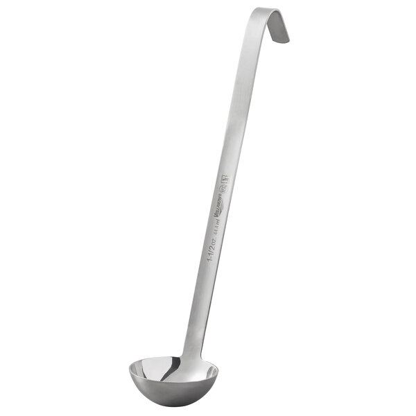 A Vollrath stainless steel ladle with a curved handle and a bowl.