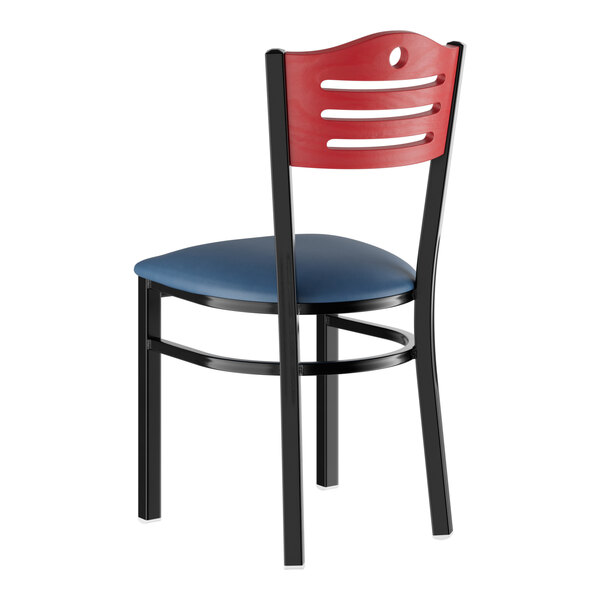 A Lancaster Table & Seating black metal chair with a navy vinyl seat.
