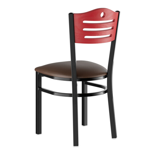 A Lancaster Table & Seating black metal restaurant chair with a mahogany wood back and dark brown vinyl seat.