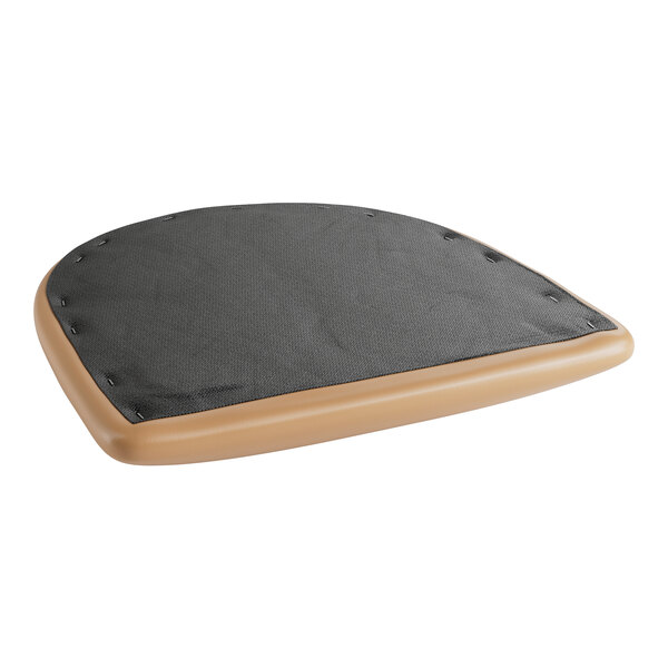 A black vinyl seat cushion with a light brown edge on a Lancaster Table & Seating mahogany side chair.