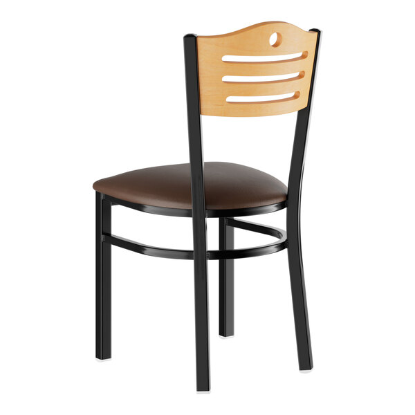 A Lancaster Table & Seating black wood side chair with a dark brown seat.