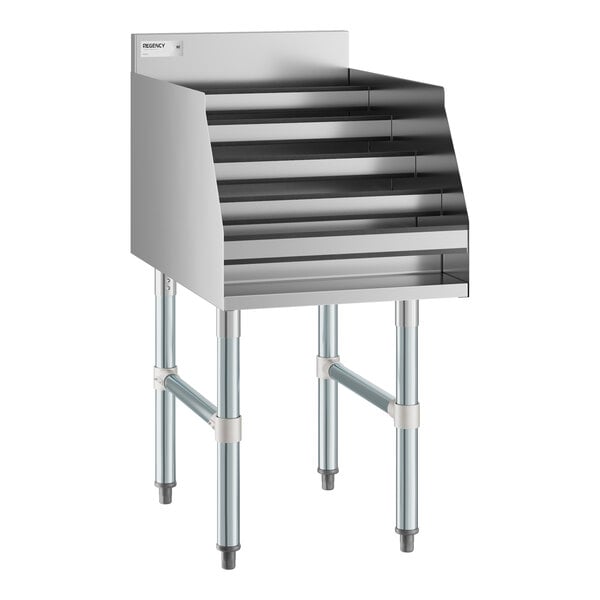 A stainless steel Regency five-tiered liquor display rack.