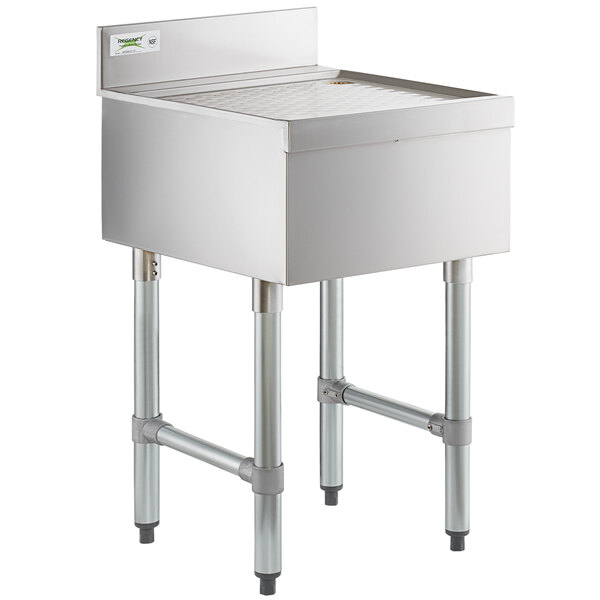 A Regency stainless steel underbar drainboard with metal legs.