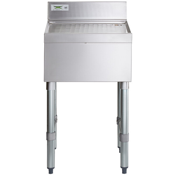 A Regency stainless steel underbar drainboard with a drain on top.