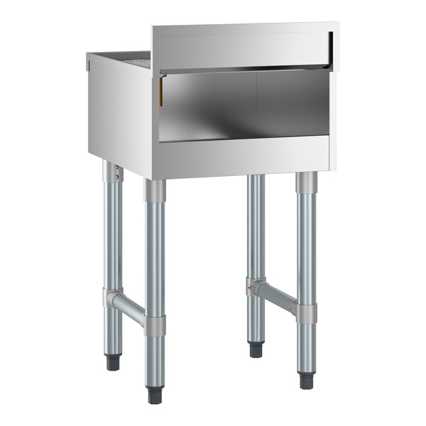 A stainless steel underbar drainboard with four legs and an open front, measuring 18 by 21 inches.