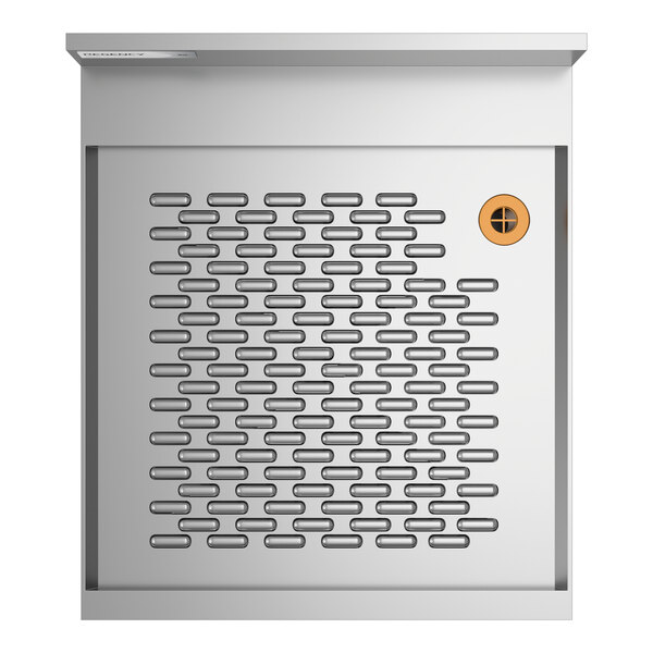 A stainless steel underbar drainboard with a perforated surface and a circular drain hole, measuring 18 by 21 inches.