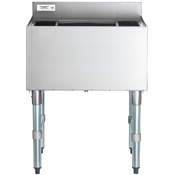 A Regency stainless steel rectangular underbar ice bin with a metal frame.
