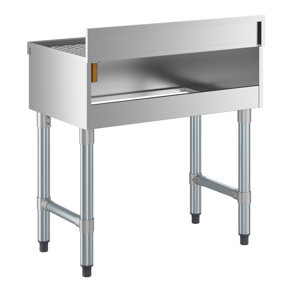 A stainless steel underbar drainboard with four legs and a raised backsplash, measuring 30 inches by 18 inches.