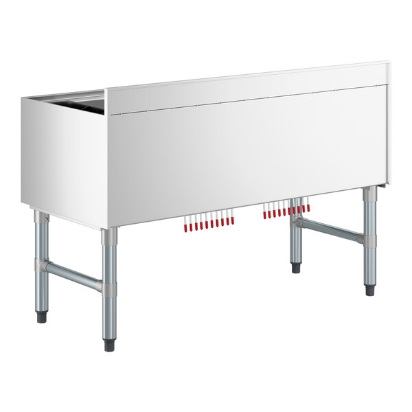 A stainless steel underbar ice bin with a 10 circuit post-mix cold plate and bottle holders.
