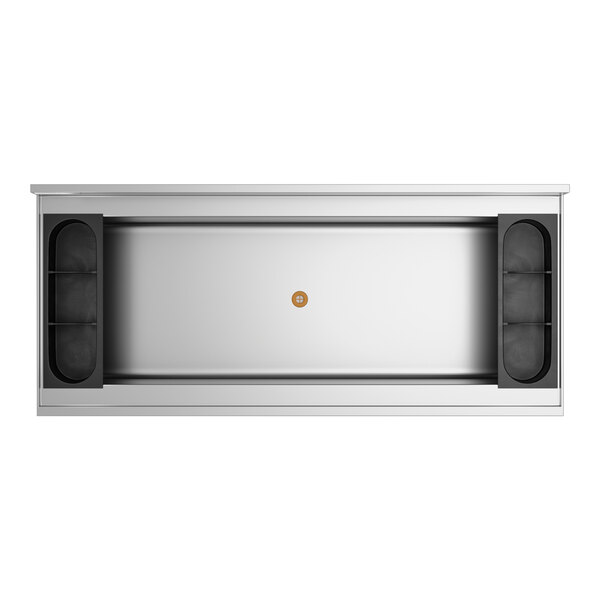 A rectangular underbar ice bin with a cold plate and bottle holders, made of stainless steel.