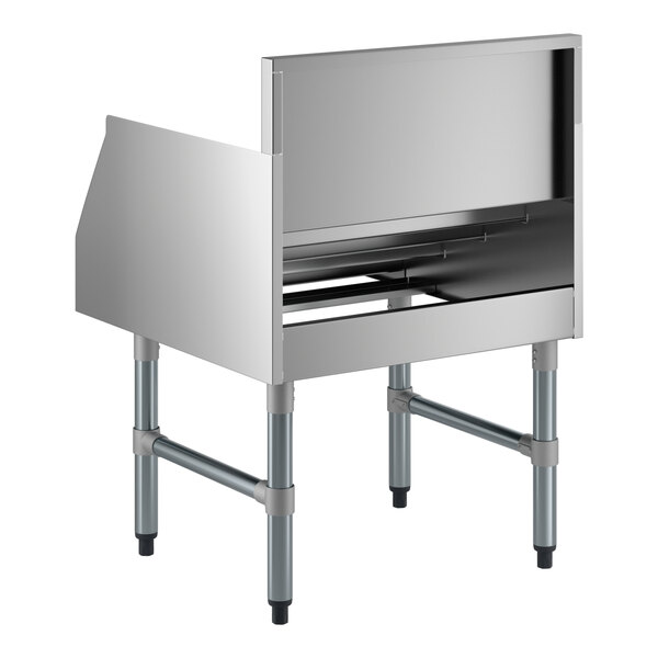 A five-tiered stainless steel liquor display rack with a 26-inch depth and four sturdy legs.