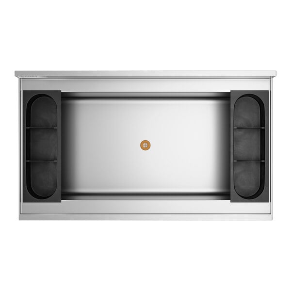 A rectangular stainless steel bin with a central drain and two black bottle holders on either side.