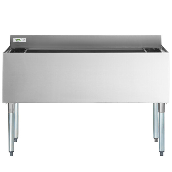 A Regency stainless steel underbar ice bin with bottle holders.