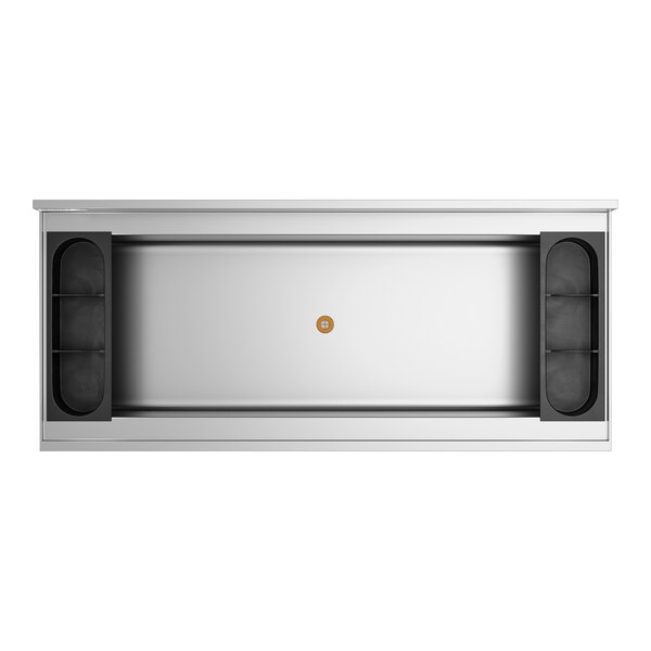 A rectangular stainless steel bin with a central drain and black bottle holders on both ends, viewed from above.