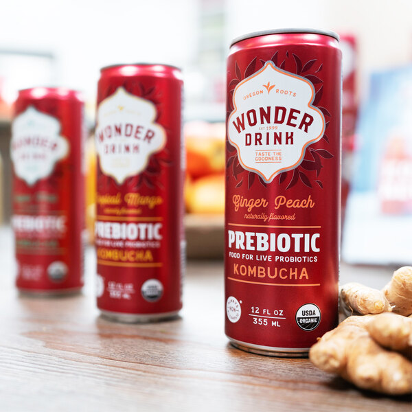 Wonder Drink 12 fl. oz. Organic Ginger Peach Prebiotic Kombucha Can