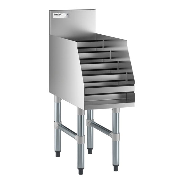 A five-tiered stainless steel liquor display rack with a backsplash and sturdy legs.