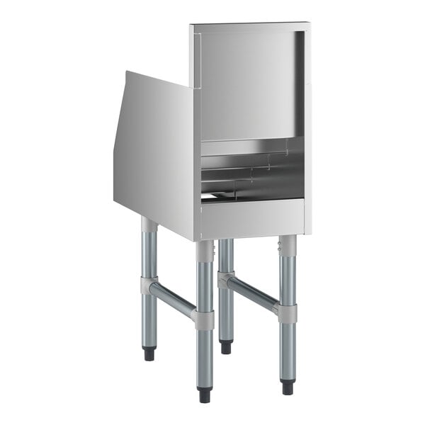 A five-tiered stainless steel liquor display rack with four legs and a 26-inch deep design.