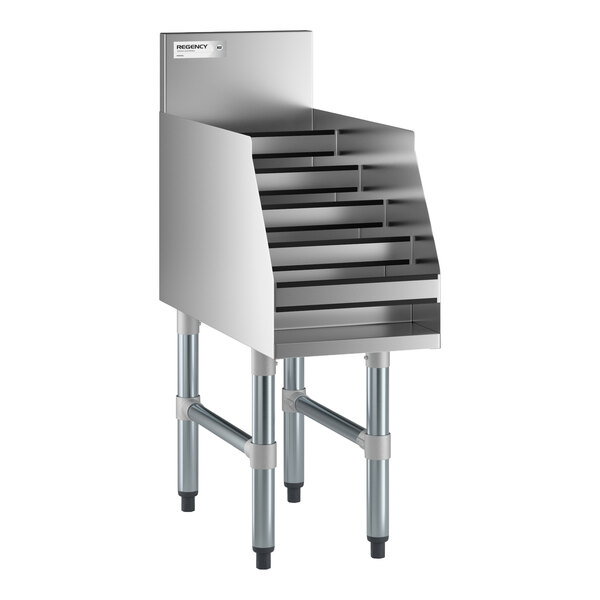 A five-tiered stainless steel rack with side panels and four sturdy legs, designed for displaying bottles or similar items.