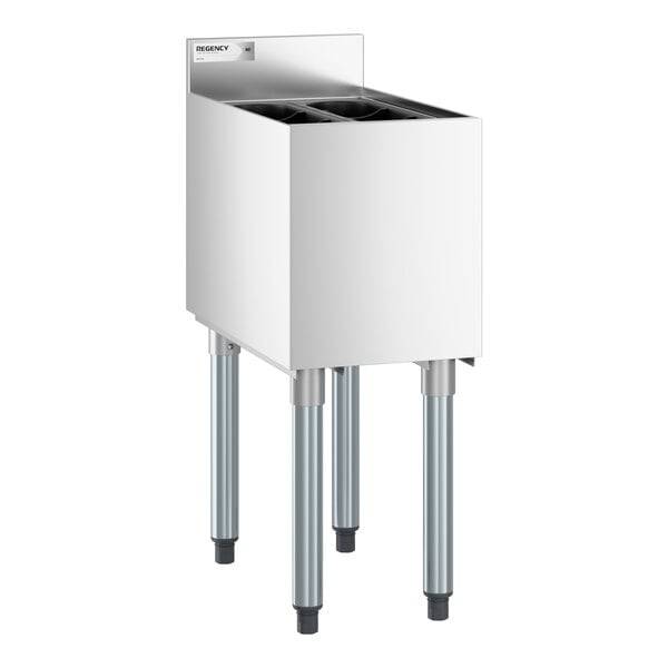 A stainless steel underbar ice bin with bottle holders and four legs.