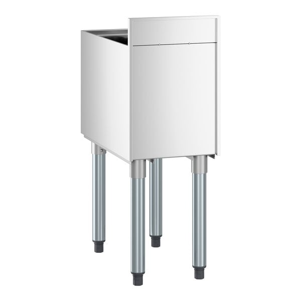 A stainless steel underbar ice bin with bottle holders and four metal legs.