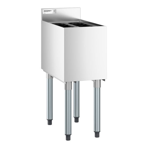 A stainless steel bin with four vertical legs and multiple compartments on top, designed for underbar use.