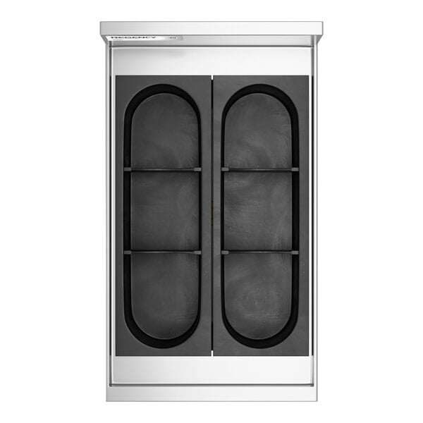 A stainless steel underbar unit with two black oval bottle holders and a rectangular frame.