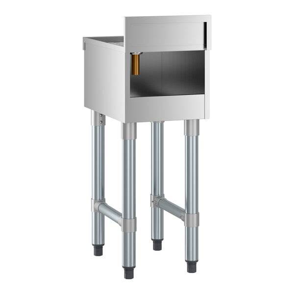 A stainless steel underbar drainboard with four legs and a raised backsplash, measuring 12 inches by 18 inches.