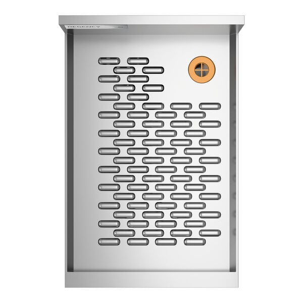 A stainless steel underbar drainboard with a rectangular perforated surface and a circular drain opening.