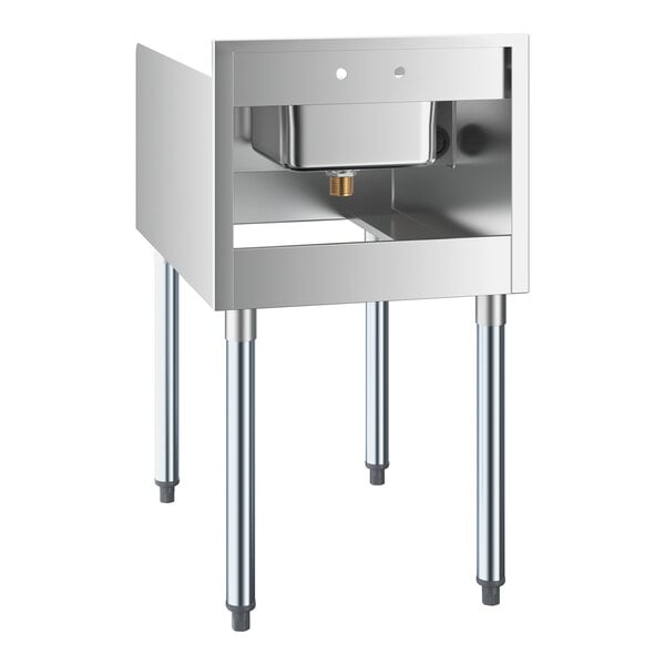 A stainless steel station with four legs, an open front, and a small integrated sink at the top.