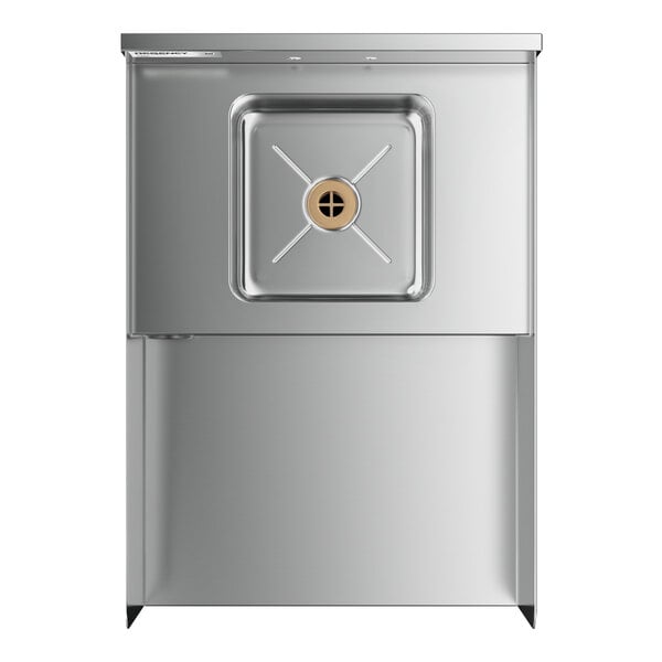A stainless steel station featuring a square sink with a central drain and a flat work surface.