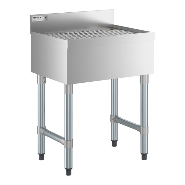 A stainless steel underbar drainboard with four legs and a raised backsplash, measuring 24 inches by 18 inches.